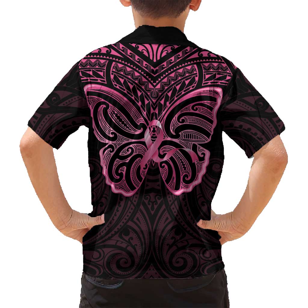 New Zealand Breast Cancer Awareness Family Matching Off Shoulder Short Dress and Hawaiian Shirt Maori Butterfly Pink Ribbon Black Version - Polynesian Pride