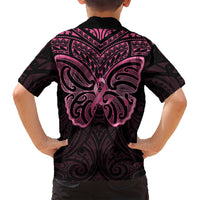 New Zealand Breast Cancer Awareness Family Matching Off Shoulder Short Dress and Hawaiian Shirt Maori Butterfly Pink Ribbon Black Version - Polynesian Pride