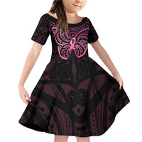 New Zealand Breast Cancer Awareness Family Matching Off Shoulder Short Dress and Hawaiian Shirt Maori Butterfly Pink Ribbon Black Version - Polynesian Pride