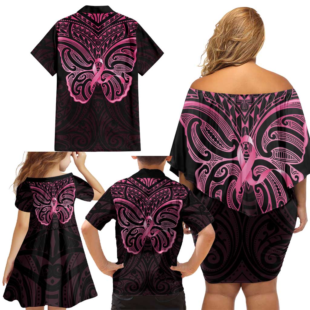 New Zealand Breast Cancer Awareness Family Matching Off Shoulder Short Dress and Hawaiian Shirt Maori Butterfly Pink Ribbon Black Version - Polynesian Pride