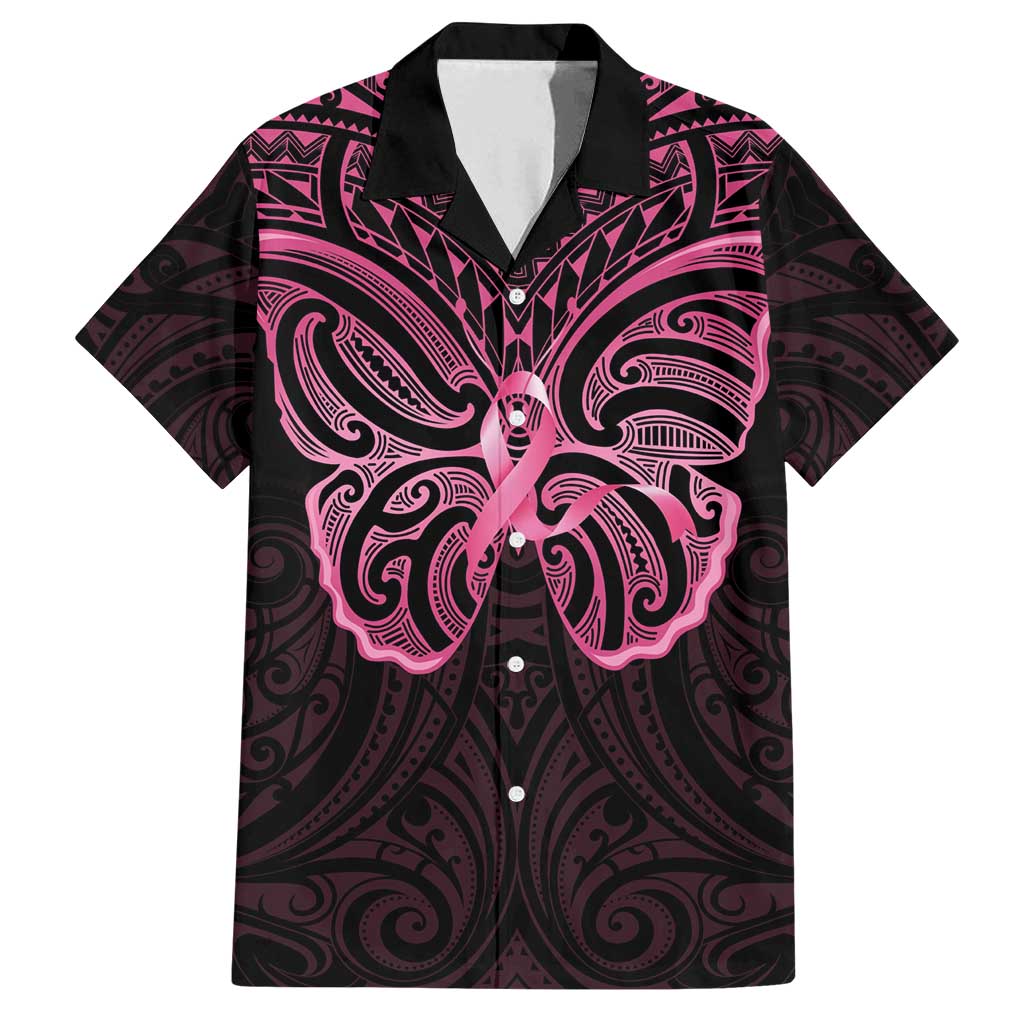 New Zealand Breast Cancer Awareness Family Matching Off Shoulder Short Dress and Hawaiian Shirt Maori Butterfly Pink Ribbon Black Version - Polynesian Pride