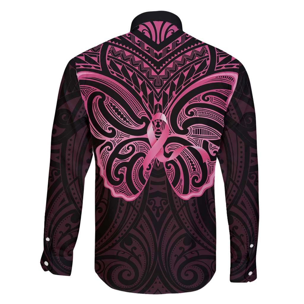 New Zealand Breast Cancer Awareness Family Matching Off Shoulder Short Dress and Hawaiian Shirt Maori Butterfly Pink Ribbon Black Version - Polynesian Pride