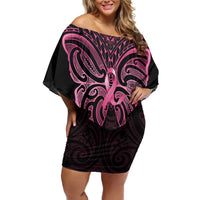New Zealand Breast Cancer Awareness Family Matching Off Shoulder Short Dress and Hawaiian Shirt Maori Butterfly Pink Ribbon Black Version - Polynesian Pride