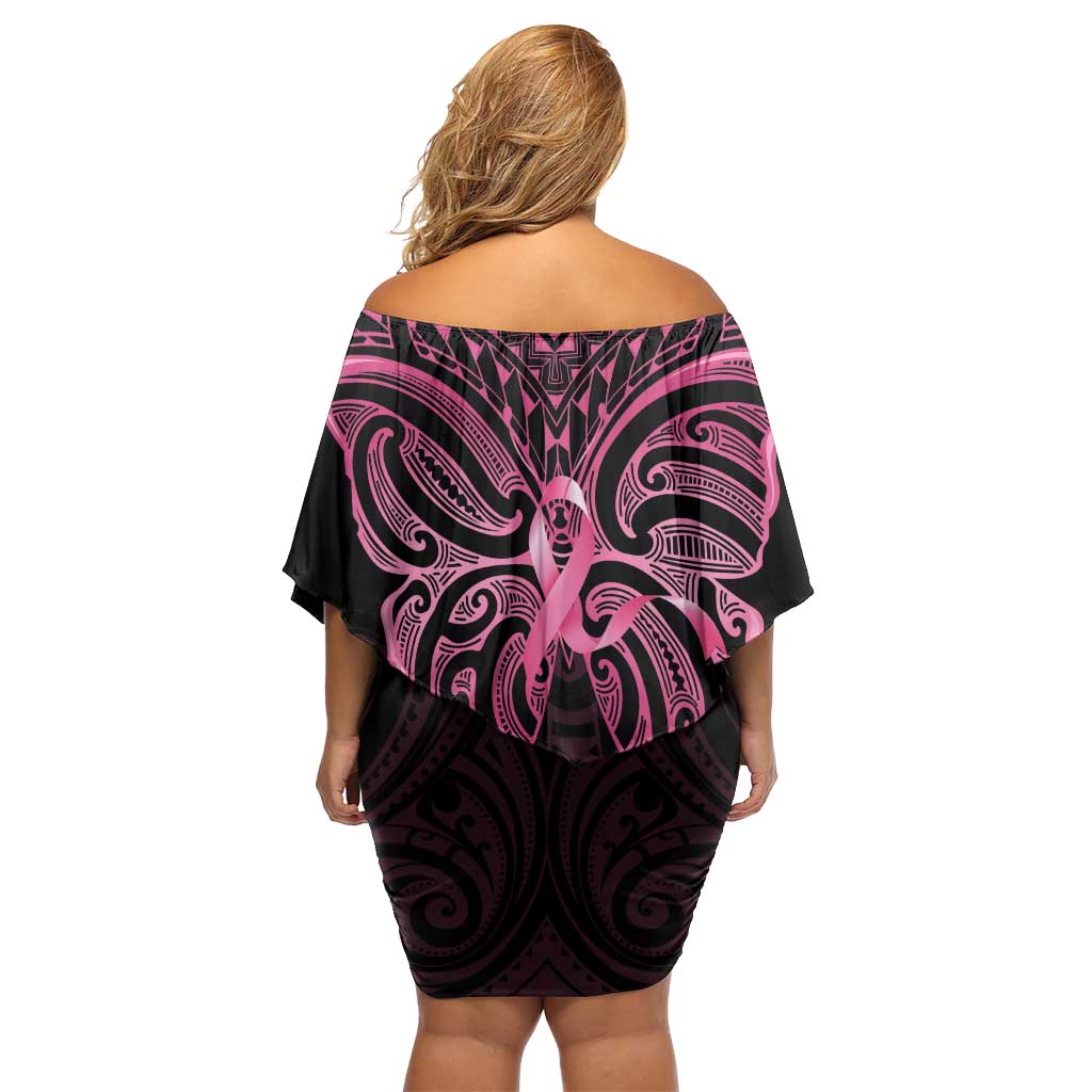 New Zealand Breast Cancer Awareness Family Matching Off Shoulder Short Dress and Hawaiian Shirt Maori Butterfly Pink Ribbon Black Version - Polynesian Pride