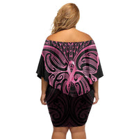 New Zealand Breast Cancer Awareness Family Matching Off Shoulder Short Dress and Hawaiian Shirt Maori Butterfly Pink Ribbon Black Version - Polynesian Pride