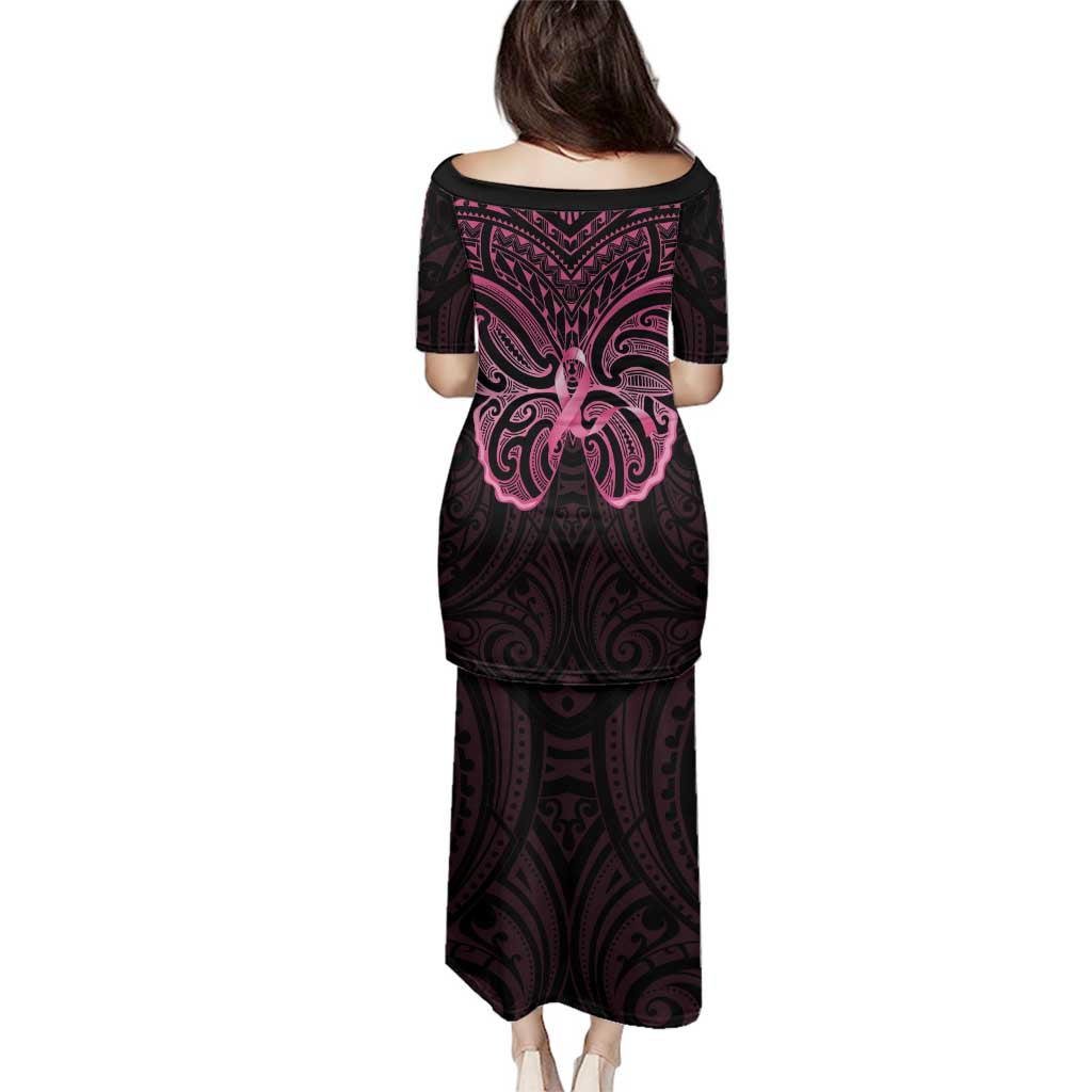New Zealand Breast Cancer Awareness Family Matching Puletasi and Hawaiian Shirt Maori Butterfly Pink Ribbon Black Version - Polynesian Pride