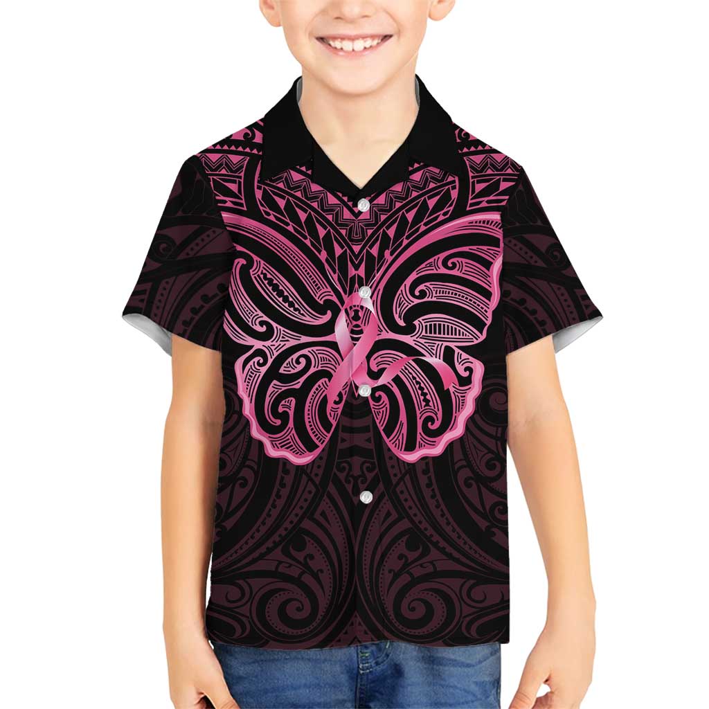 New Zealand Breast Cancer Awareness Family Matching Puletasi and Hawaiian Shirt Maori Butterfly Pink Ribbon Black Version - Polynesian Pride