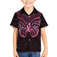 New Zealand Breast Cancer Awareness Family Matching Puletasi and Hawaiian Shirt Maori Butterfly Pink Ribbon Black Version - Polynesian Pride