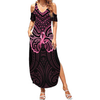 New Zealand Breast Cancer Awareness Family Matching Summer Maxi Dress and Hawaiian Shirt Maori Butterfly Pink Ribbon Black Version - Polynesian Pride