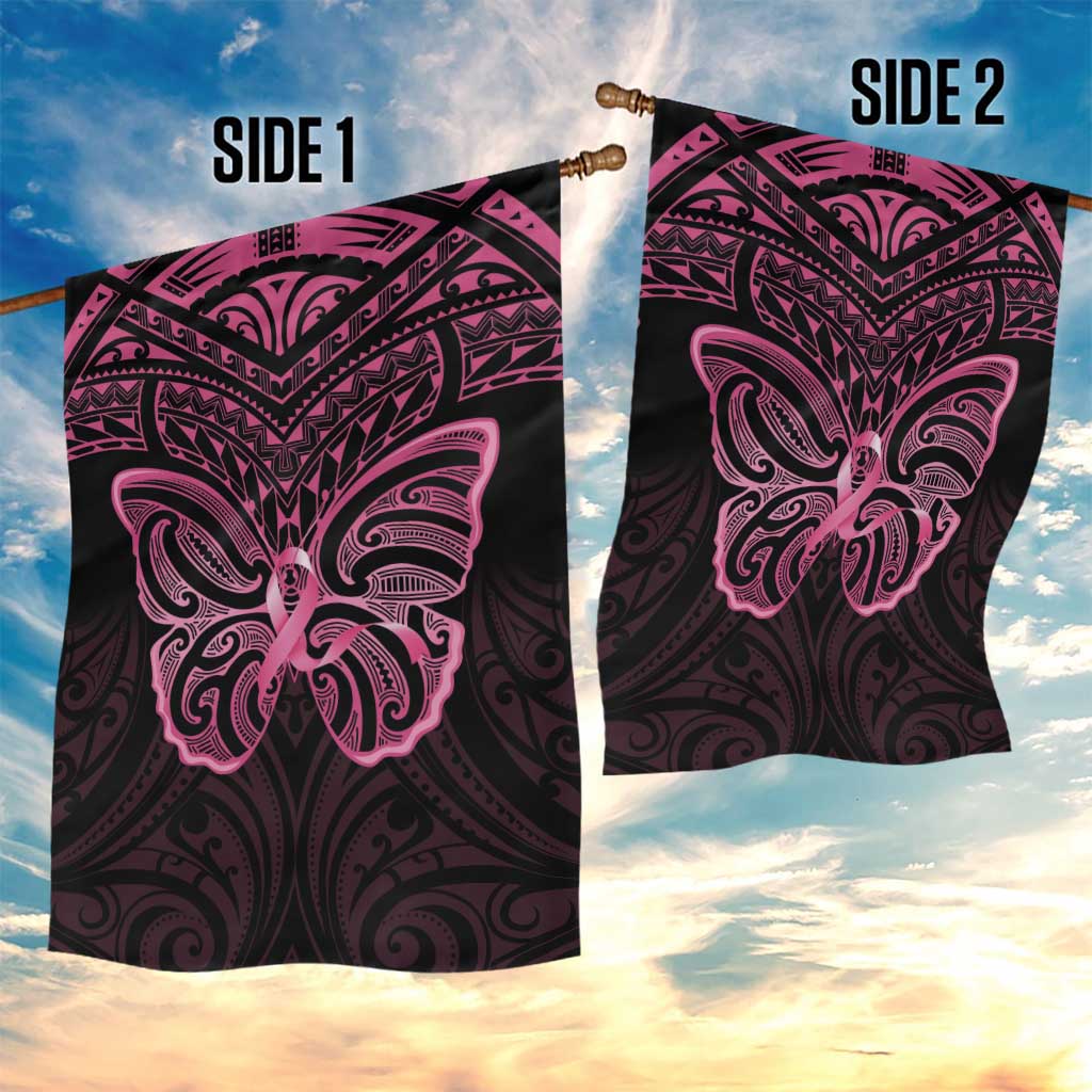 New Zealand Breast Cancer Awareness Garden Flag Maori Butterfly Pink Ribbon Black Version - Polynesian Pride