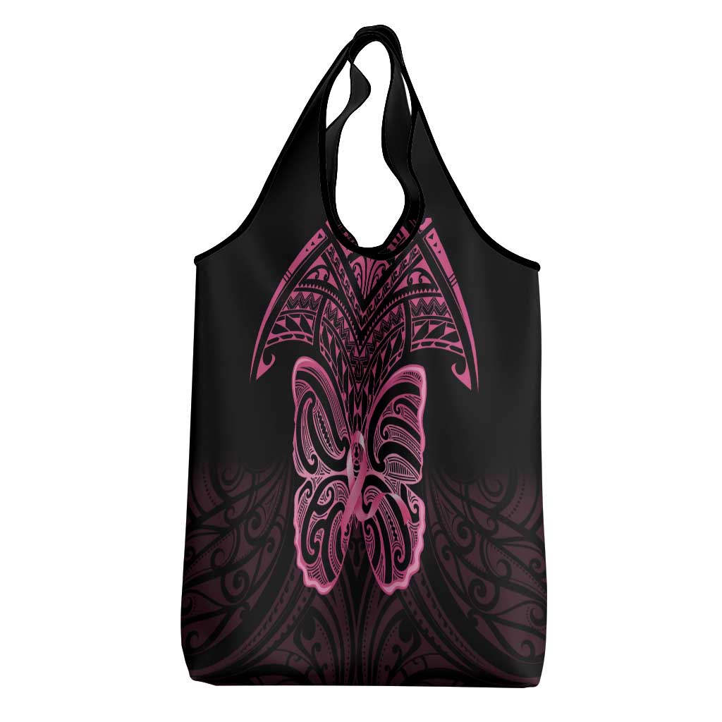 New Zealand Breast Cancer Awareness Grocery Bag Maori Butterfly Pink Ribbon Black Version - Polynesian Pride