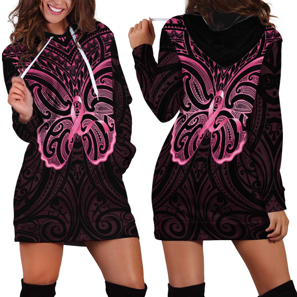 New Zealand Breast Cancer Awareness Hoodie Dress Maori Butterfly Pink Ribbon Black Version - Polynesian Pride