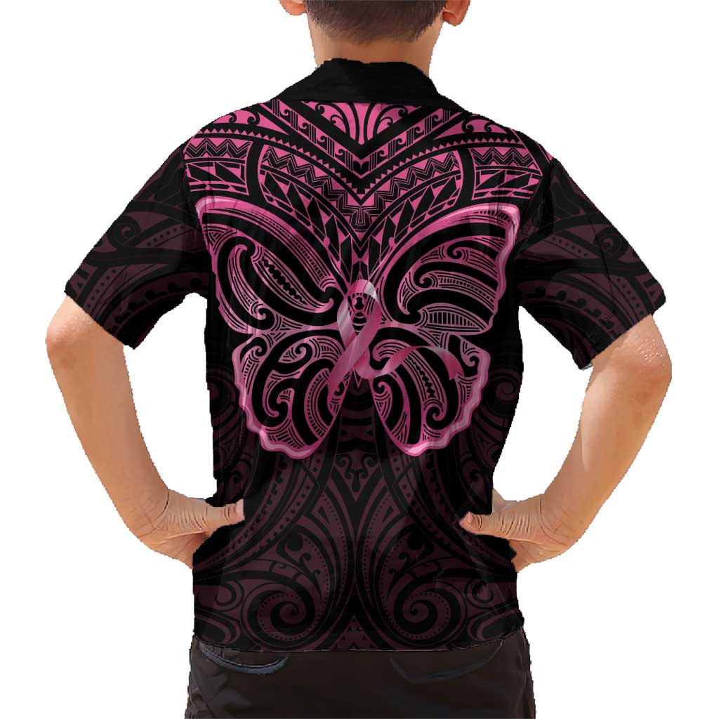 New Zealand Breast Cancer Awareness Kid Hawaiian Shirt Maori Butterfly Pink Ribbon Black Version - Polynesian Pride