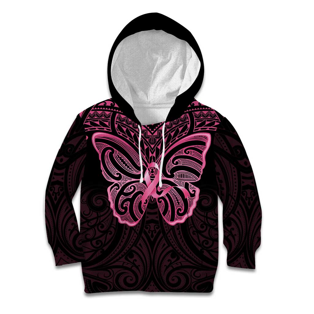 New Zealand Breast Cancer Awareness Kid Hoodie Maori Butterfly Pink Ribbon Black Version - Polynesian Pride