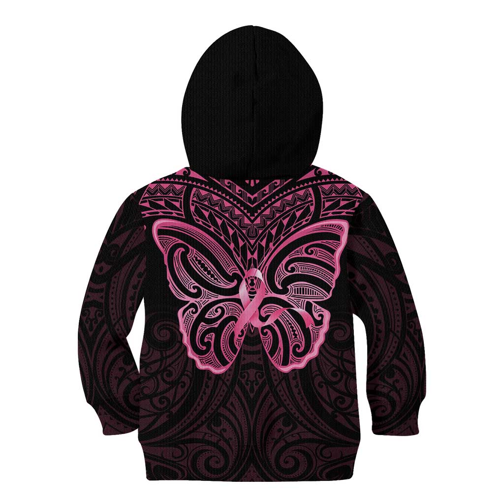 New Zealand Breast Cancer Awareness Kid Hoodie Maori Butterfly Pink Ribbon Black Version - Polynesian Pride