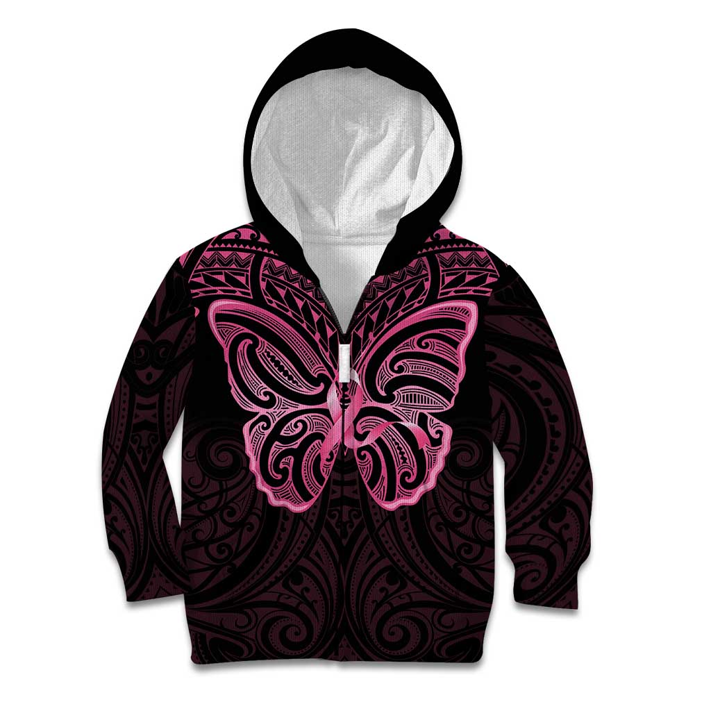 New Zealand Breast Cancer Awareness Kid Hoodie Maori Butterfly Pink Ribbon Black Version - Polynesian Pride