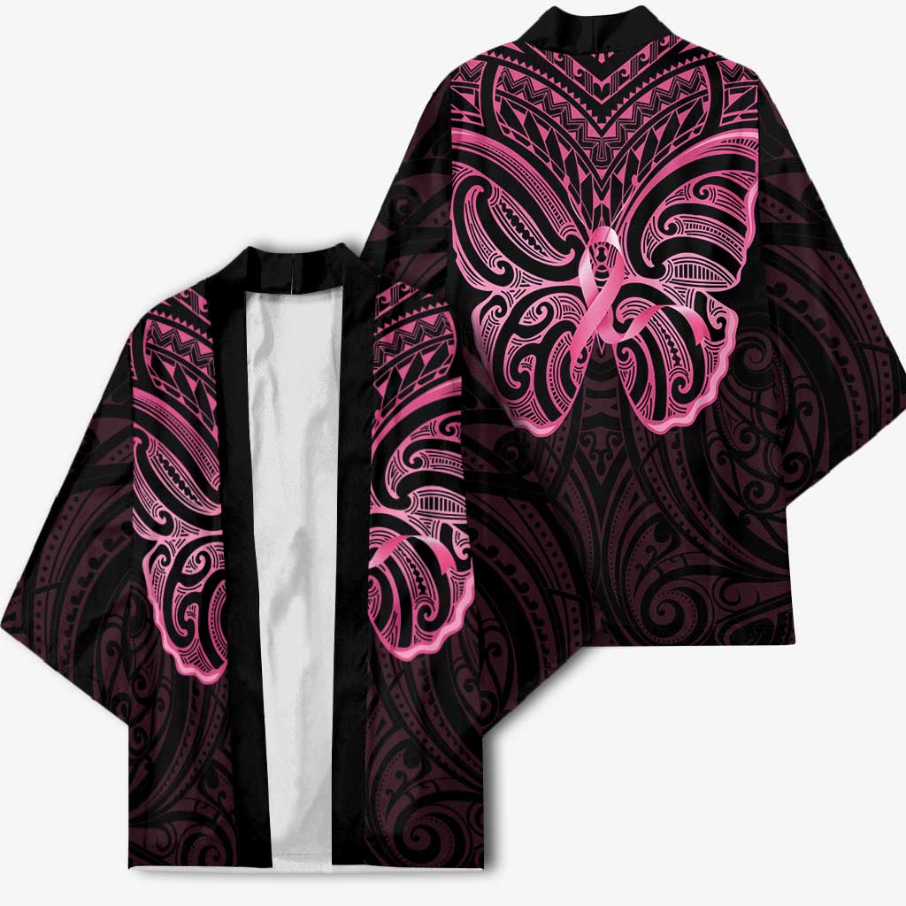 New Zealand Breast Cancer Awareness Kimono Maori Butterfly Pink Ribbon Black Version - Polynesian Pride