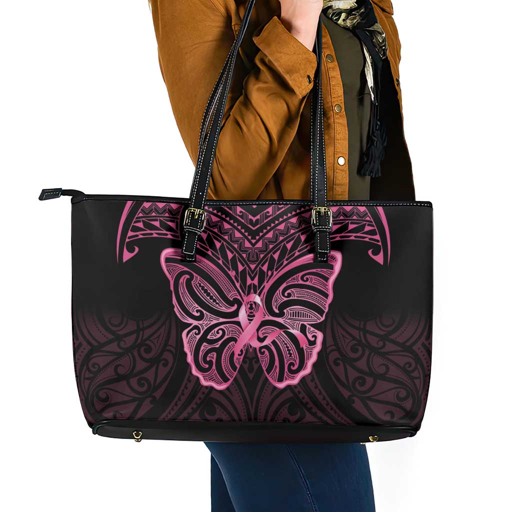New Zealand Breast Cancer Awareness Leather Tote Bag Maori Butterfly Pink Ribbon Black Version - Polynesian Pride