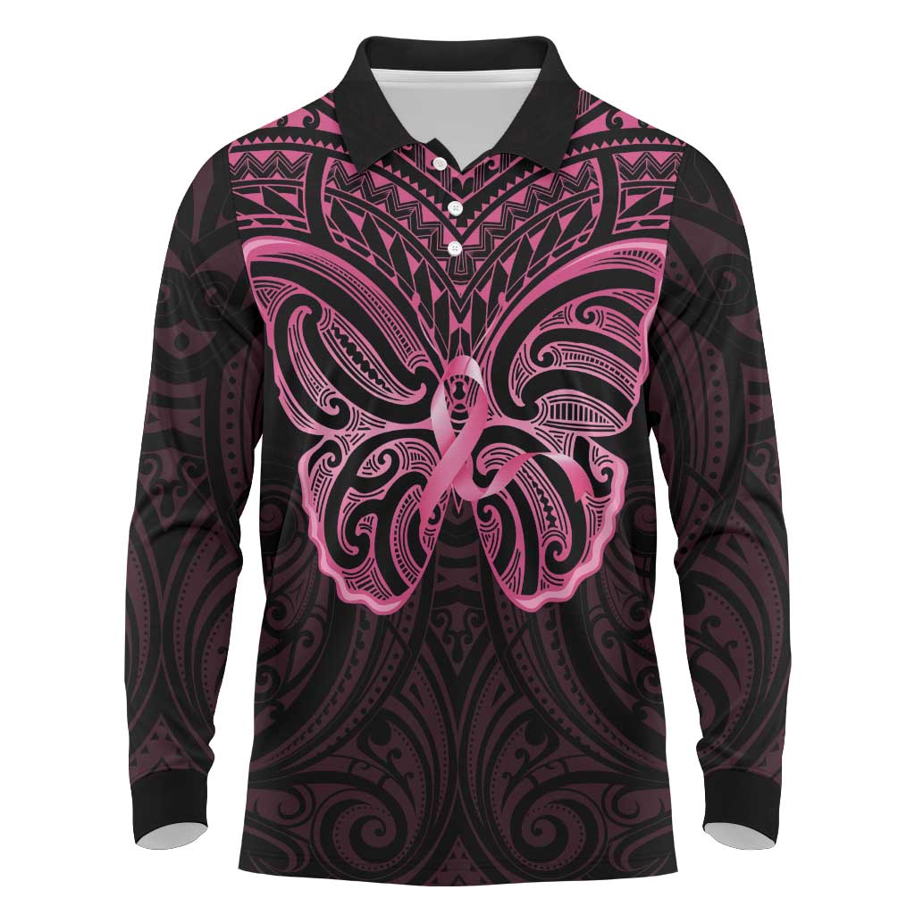 New Zealand Breast Cancer Awareness Long Sleeve Polo Shirt Maori Butterfly Pink Ribbon Black Version - Polynesian Pride