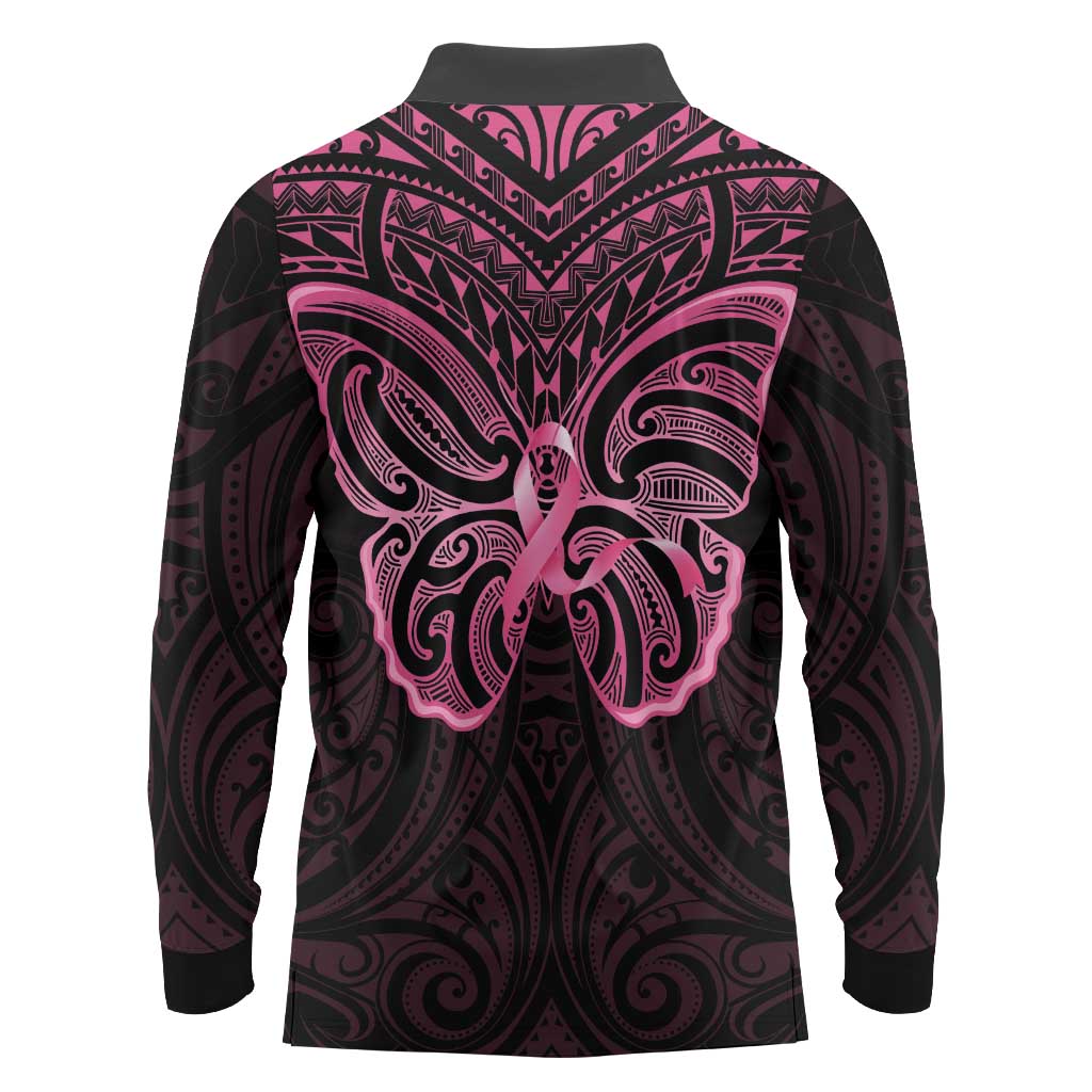 New Zealand Breast Cancer Awareness Long Sleeve Polo Shirt Maori Butterfly Pink Ribbon Black Version - Polynesian Pride