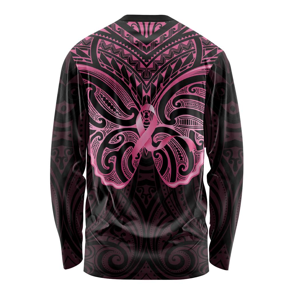 New Zealand Breast Cancer Awareness Long Sleeve Shirt Maori Butterfly Pink Ribbon Black Version - Polynesian Pride