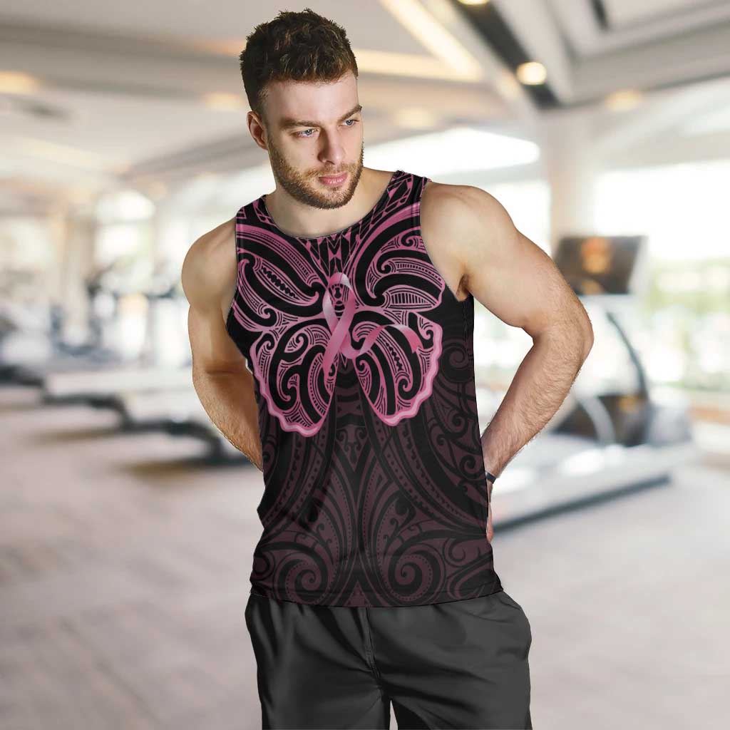 New Zealand Breast Cancer Awareness Men Tank Top Maori Butterfly Pink Ribbon Black Version - Polynesian Pride