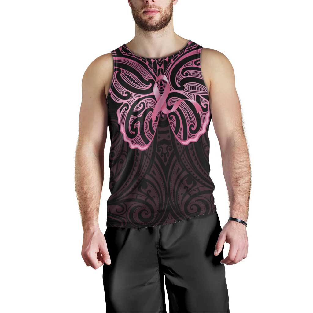 New Zealand Breast Cancer Awareness Men Tank Top Maori Butterfly Pink Ribbon Black Version - Polynesian Pride