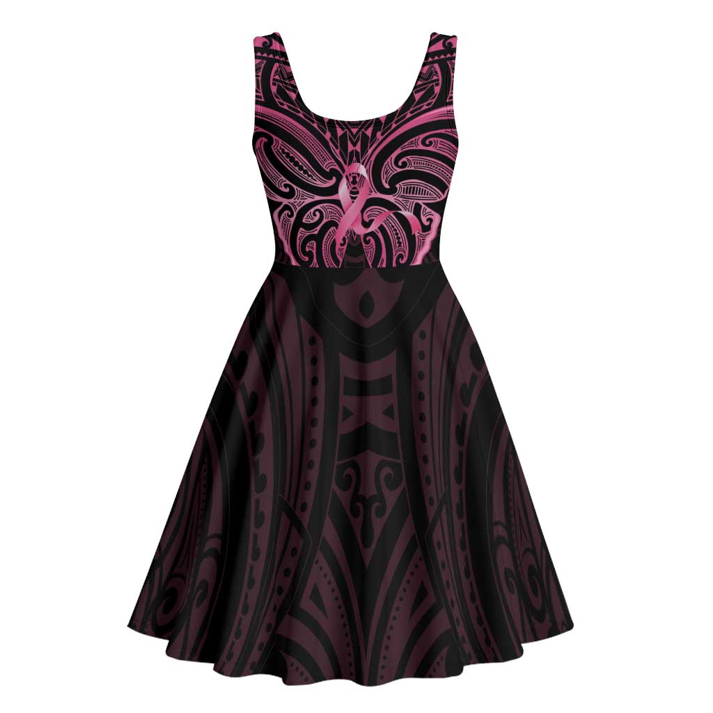 New Zealand Breast Cancer Awareness Midi Dress Maori Butterfly Pink Ribbon Black Version - Polynesian Pride