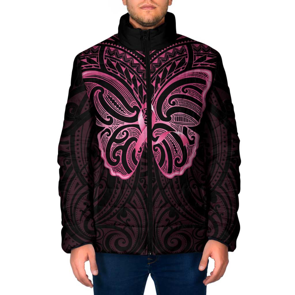 New Zealand Breast Cancer Awareness Padded Jacket Maori Butterfly Pink Ribbon Black Version - Polynesian Pride