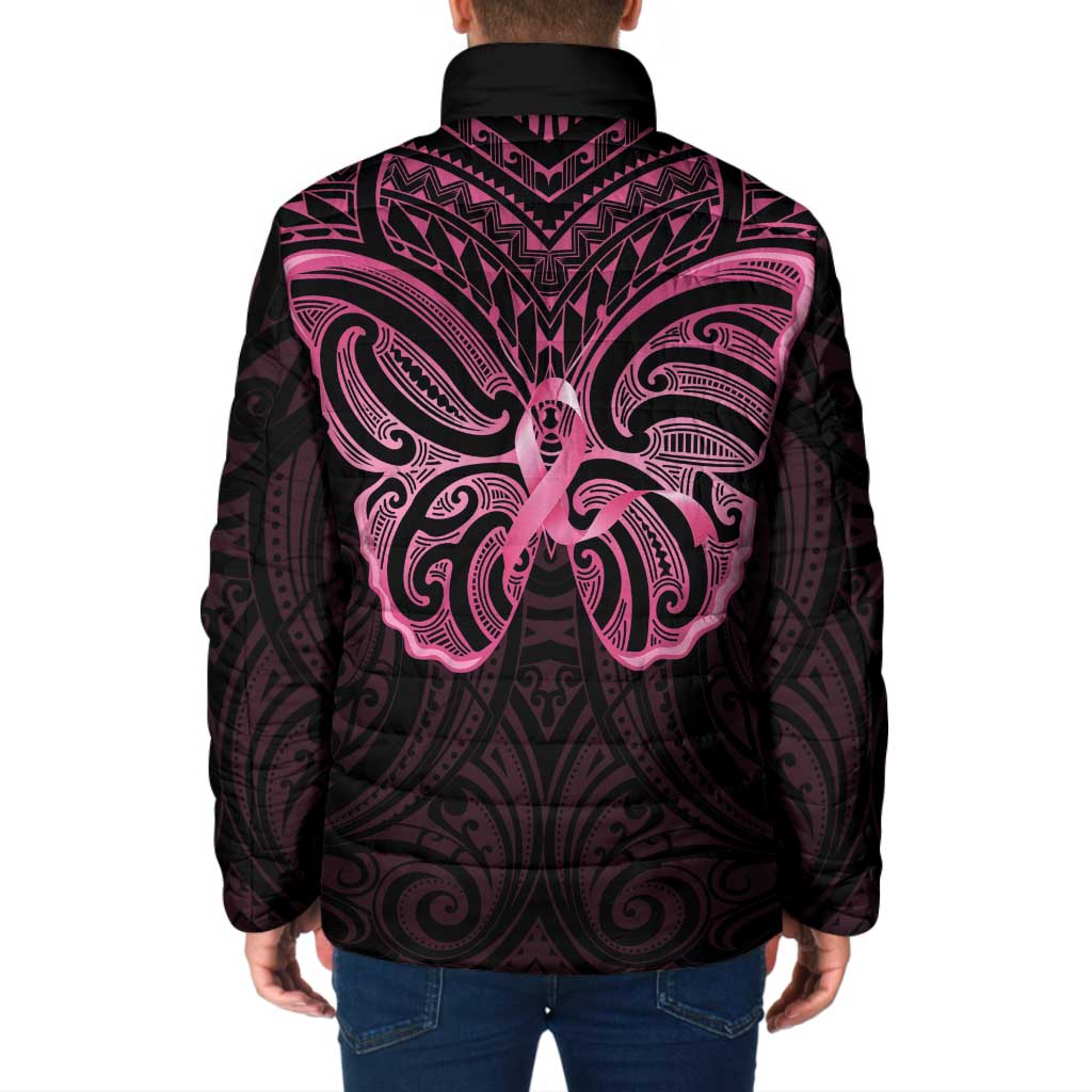New Zealand Breast Cancer Awareness Padded Jacket Maori Butterfly Pink Ribbon Black Version - Polynesian Pride