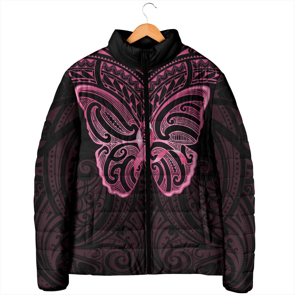 New Zealand Breast Cancer Awareness Padded Jacket Maori Butterfly Pink Ribbon Black Version - Polynesian Pride