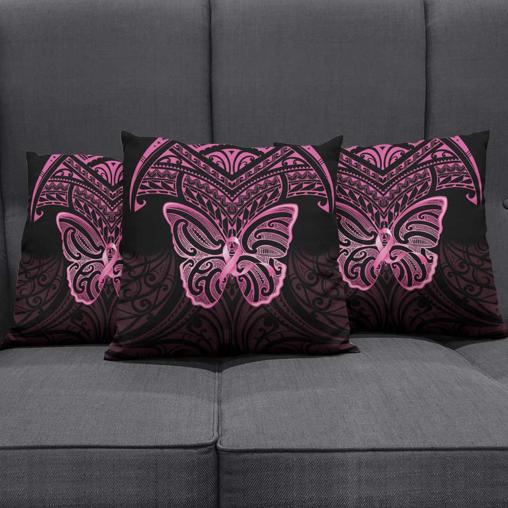 New Zealand Breast Cancer Awareness Pillow Cover Maori Butterfly Pink Ribbon Black Version - Polynesian Pride