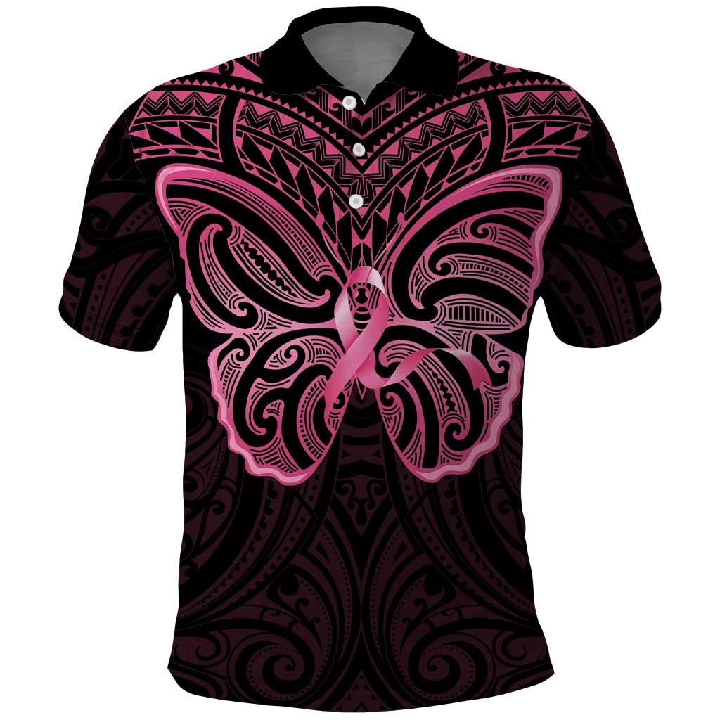 New Zealand Breast Cancer Awareness Polo Shirt Maori Butterfly Pink Ribbon Black Version - Polynesian Pride
