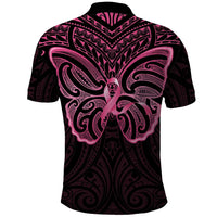 New Zealand Breast Cancer Awareness Polo Shirt Maori Butterfly Pink Ribbon Black Version - Polynesian Pride