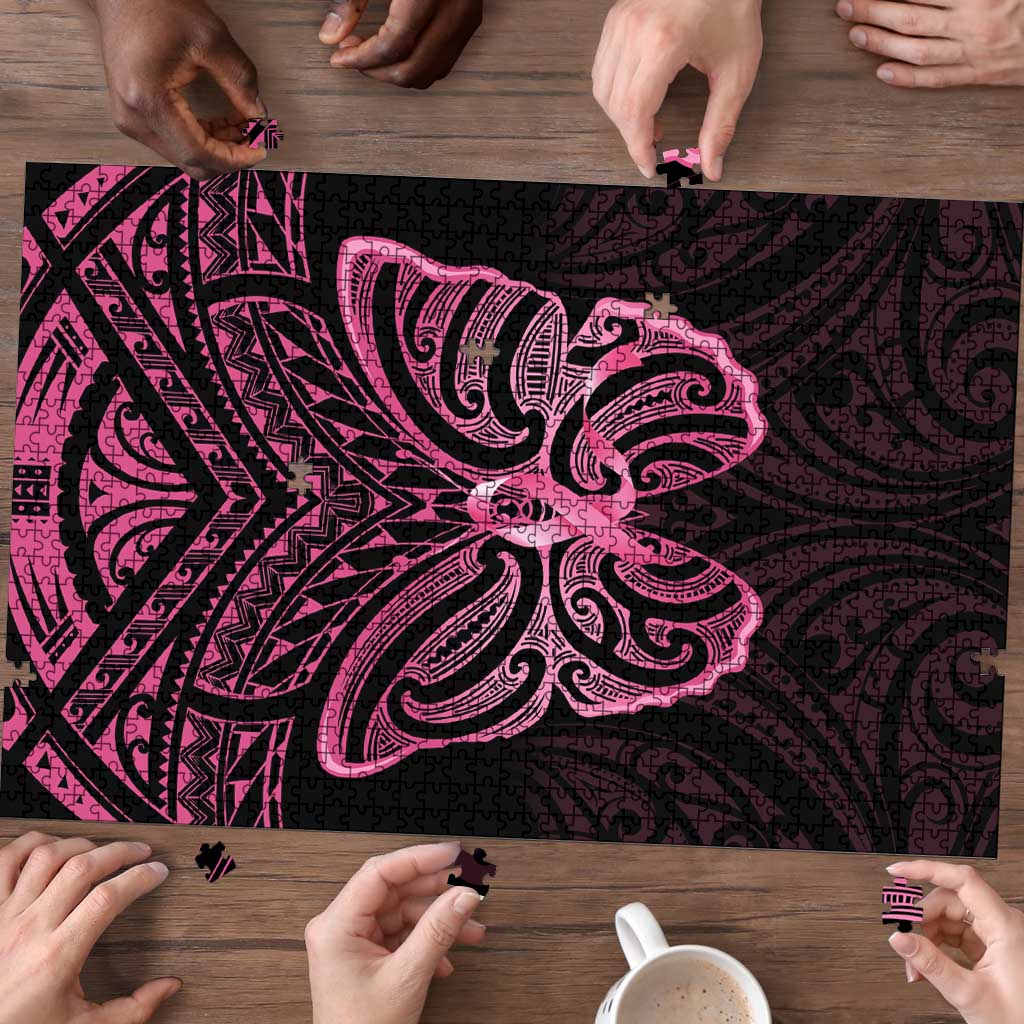 New Zealand Breast Cancer Awareness Puzzle Maori Butterfly Pink Ribbon Black Version - Polynesian Pride