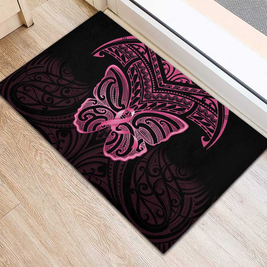 New Zealand Breast Cancer Awareness Rubber Doormat Maori Butterfly Pink Ribbon Black Version - Polynesian Pride