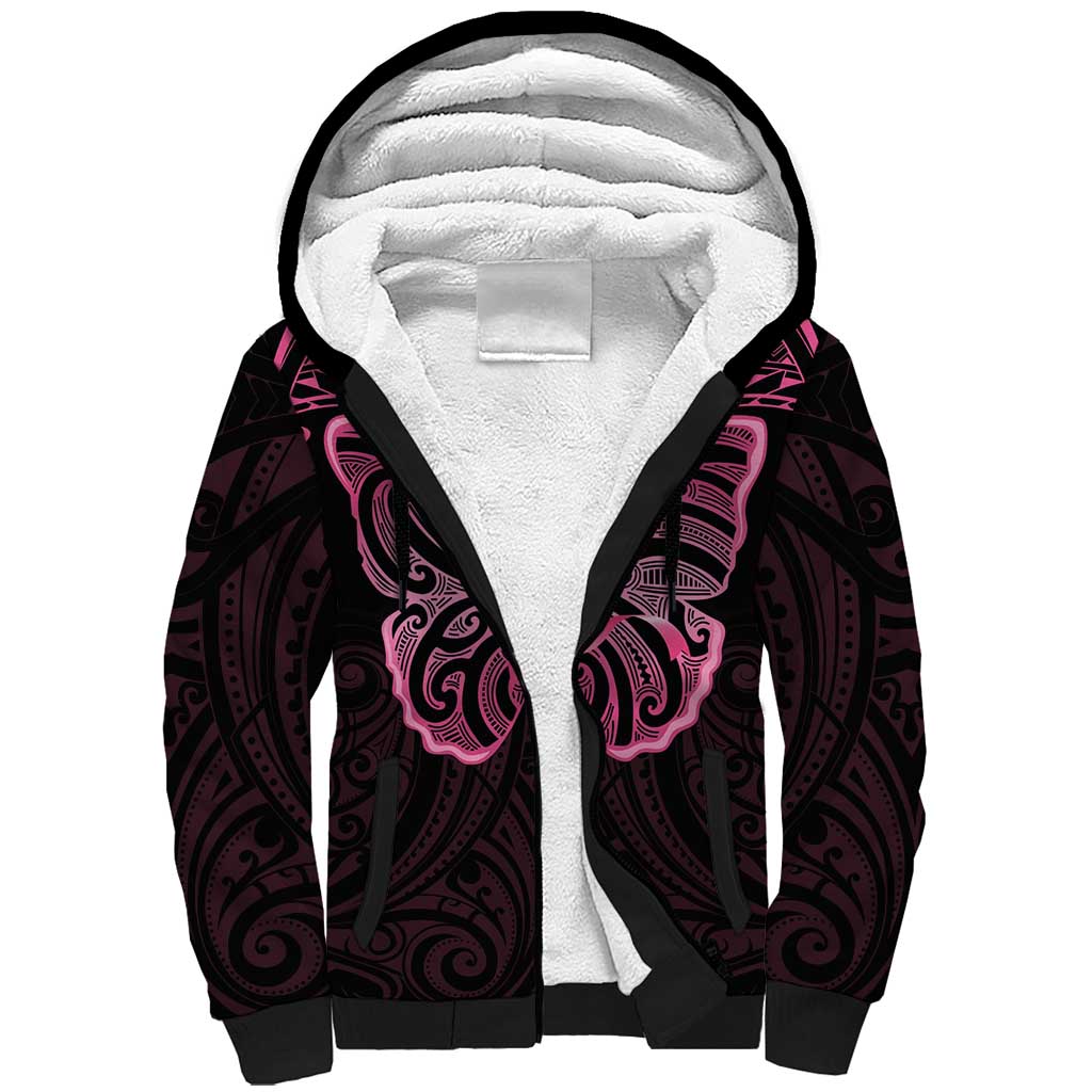 New Zealand Breast Cancer Awareness Sherpa Hoodie Maori Butterfly Pink Ribbon Black Version - Polynesian Pride