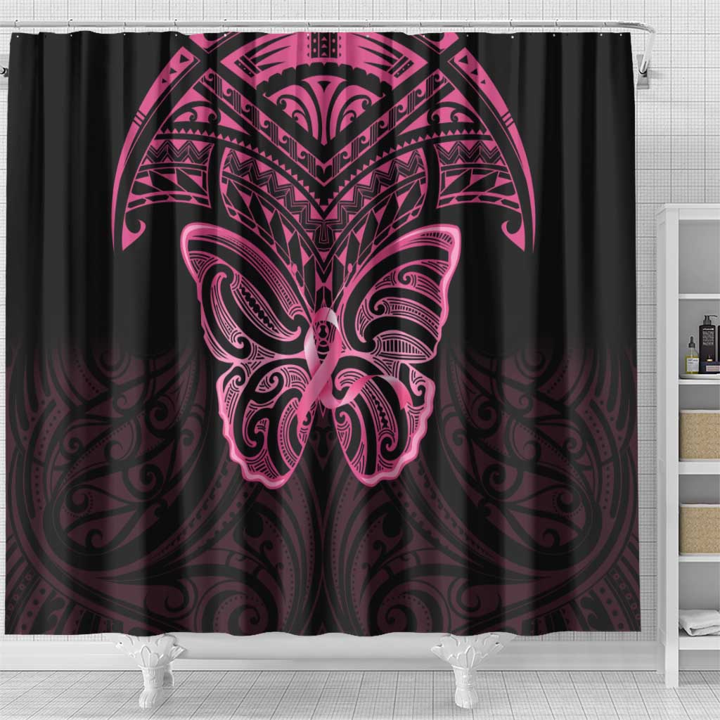 New Zealand Breast Cancer Awareness Shower Curtain Maori Butterfly Pink Ribbon Black Version - Polynesian Pride