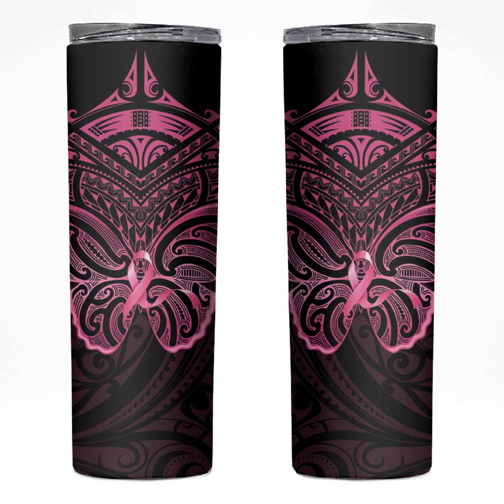 New Zealand Breast Cancer Awareness Skinny Tumbler Maori Butterfly Pink Ribbon Black Version - Polynesian Pride