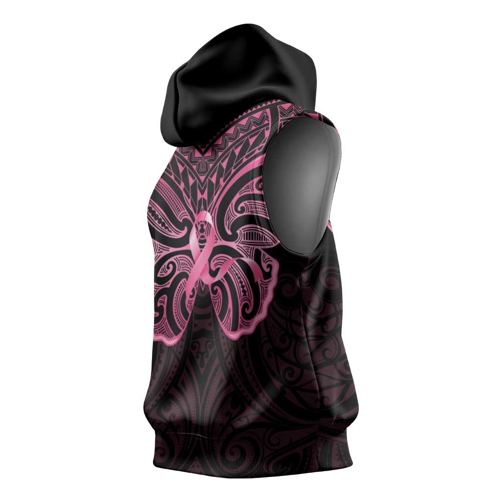 New Zealand Breast Cancer Awareness Sleeveless Hoodie Maori Butterfly Pink Ribbon Black Version - Polynesian Pride