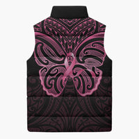New Zealand Breast Cancer Awareness Sleeveless Puffer Jacket Maori Butterfly Pink Ribbon Black Version - Polynesian Pride