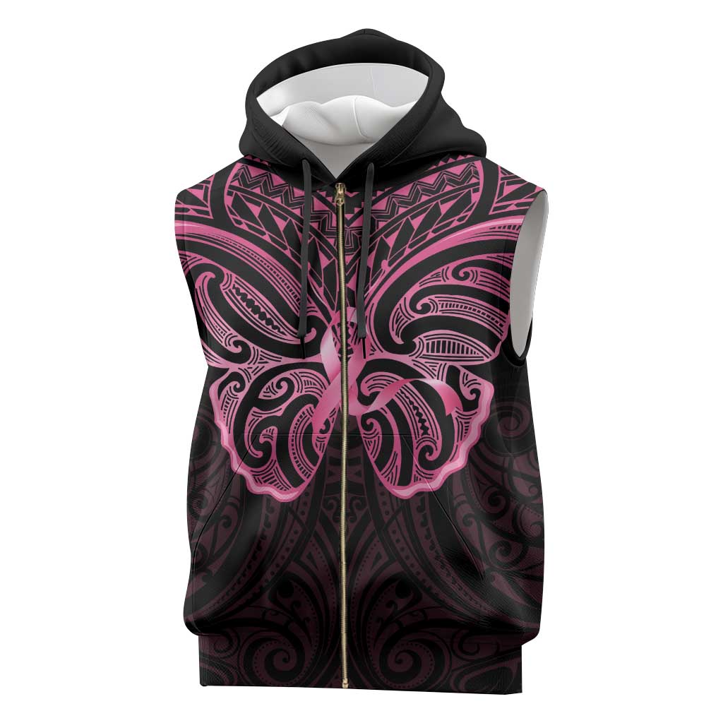 New Zealand Breast Cancer Awareness Sleeveless Zip Hoodie Maori Butterfly Pink Ribbon Black Version - Polynesian Pride