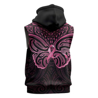 New Zealand Breast Cancer Awareness Sleeveless Zip Hoodie Maori Butterfly Pink Ribbon Black Version - Polynesian Pride