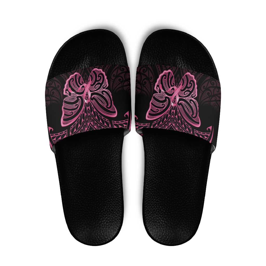 New Zealand Breast Cancer Awareness Slide Sandals Maori Butterfly Pink Ribbon Black Version - Polynesian Pride