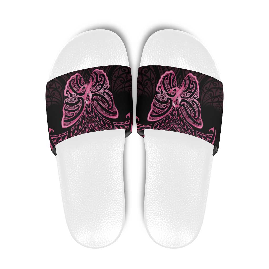 New Zealand Breast Cancer Awareness Slide Sandals Maori Butterfly Pink Ribbon Black Version - Polynesian Pride