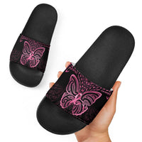 New Zealand Breast Cancer Awareness Slide Sandals Maori Butterfly Pink Ribbon Black Version - Polynesian Pride