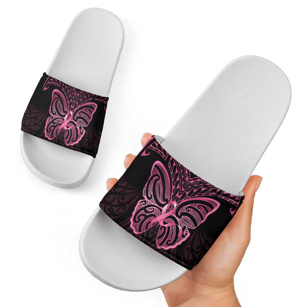 New Zealand Breast Cancer Awareness Slide Sandals Maori Butterfly Pink Ribbon Black Version - Polynesian Pride