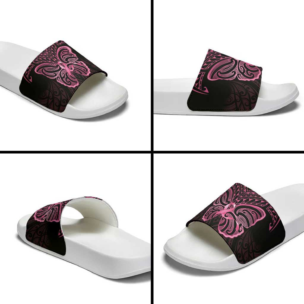 New Zealand Breast Cancer Awareness Slide Sandals Maori Butterfly Pink Ribbon Black Version - Polynesian Pride