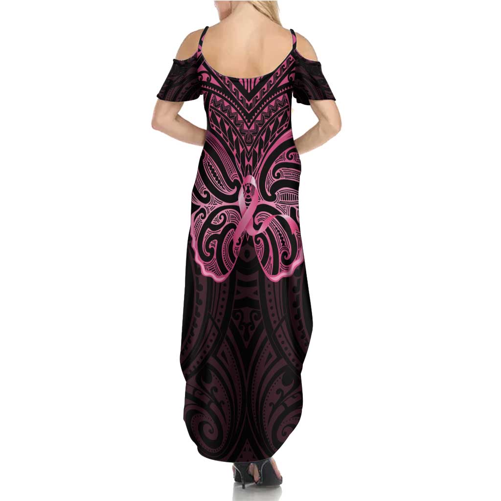 New Zealand Breast Cancer Awareness Summer Maxi Dress Maori Butterfly Pink Ribbon Black Version - Polynesian Pride