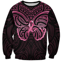 New Zealand Breast Cancer Awareness Sweatshirt Maori Butterfly Pink Ribbon Black Version - Polynesian Pride